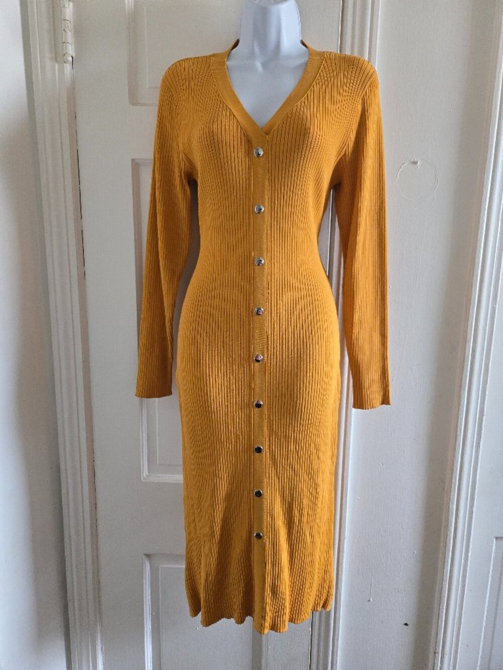 Mustard Yellow Ribbed-Knit Sweater Midi Dress